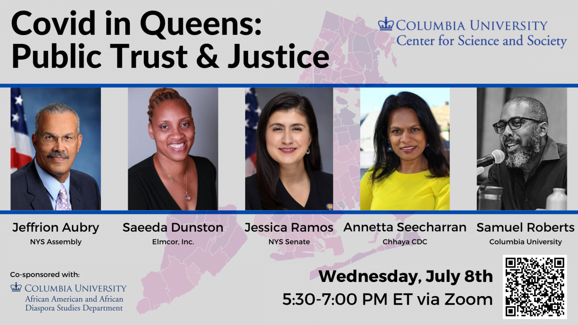 Image of event speakers with event title "Covid in Queens: Public Trust & Justice"