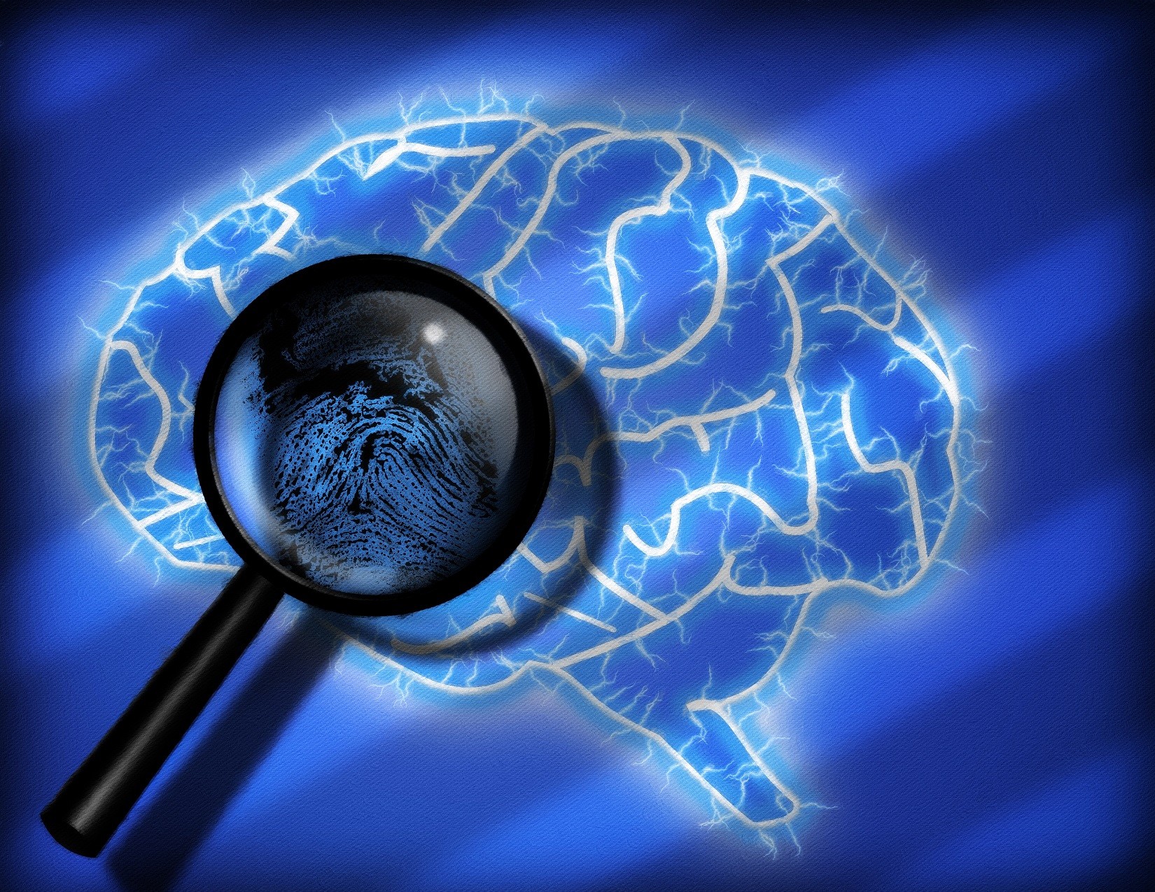 image of a magnifying glass over a brain with a fingeprint