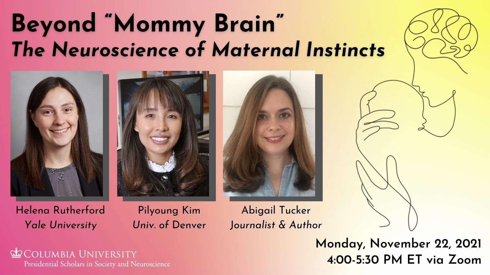 beyond mommy brain poster with images of speakers and graphic of woman holding a baby