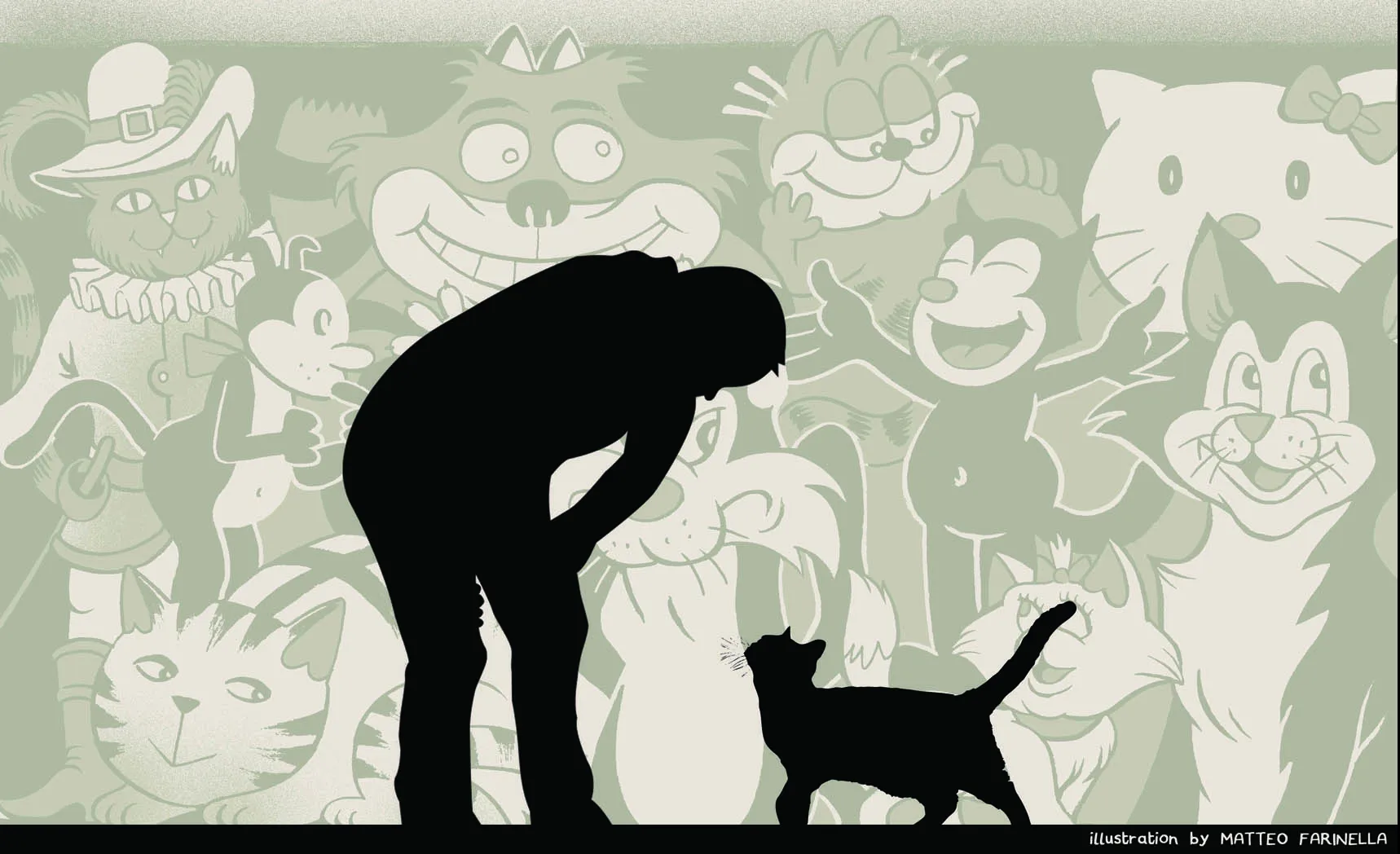 man and a cat against a background filled with images of cartoon cats