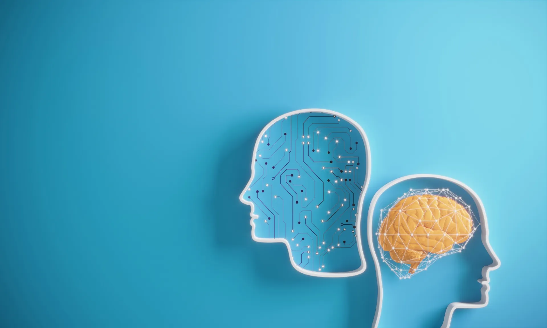 two faces looking in opposite directions on blue background, representing artificial intelligence and the human brain
