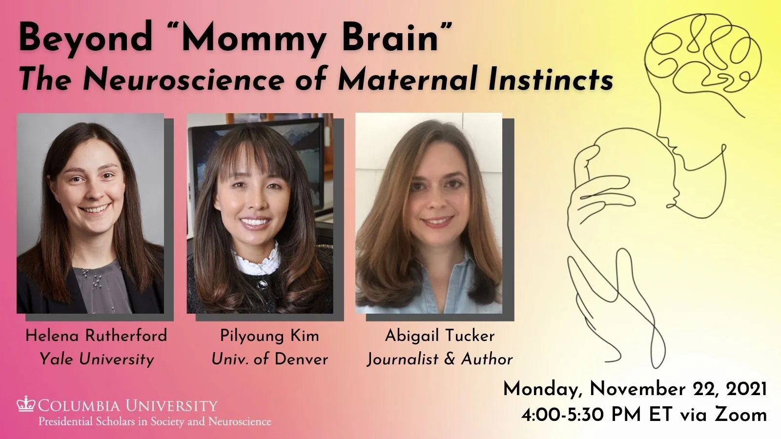 beyond mommy brain poster with images of speakers and graphic of woman holding a baby