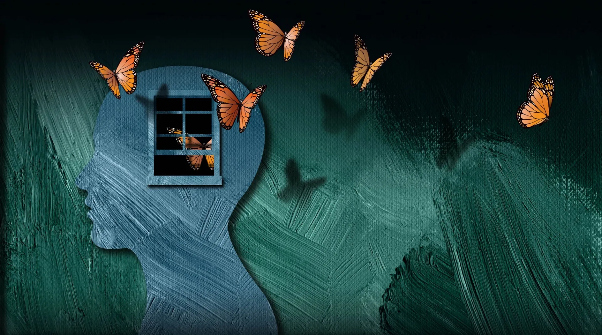 monarch butterflies flying out of an open window located on a person's head