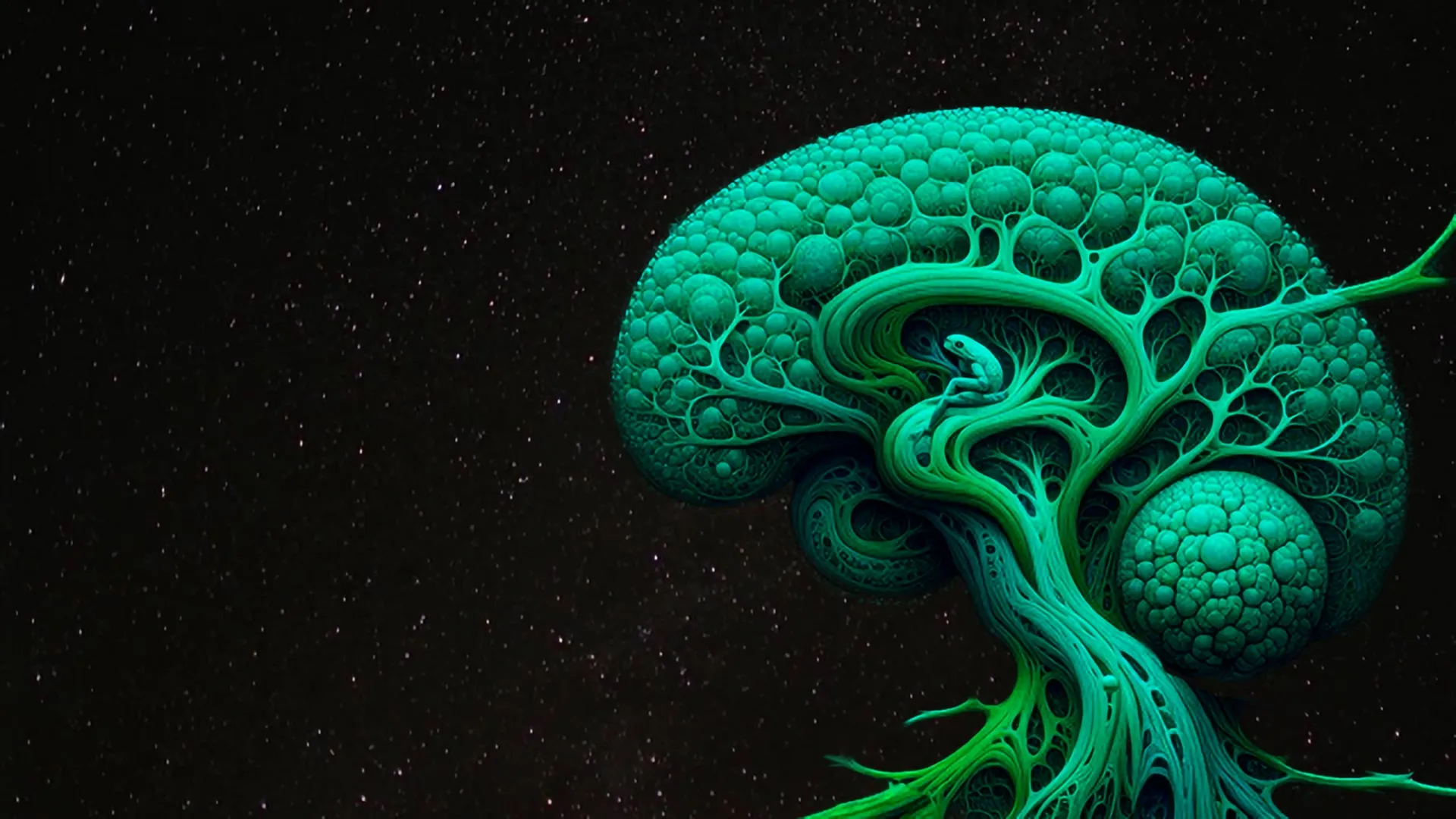 Green-tinted graphic of brain with a frog posed in the middle.