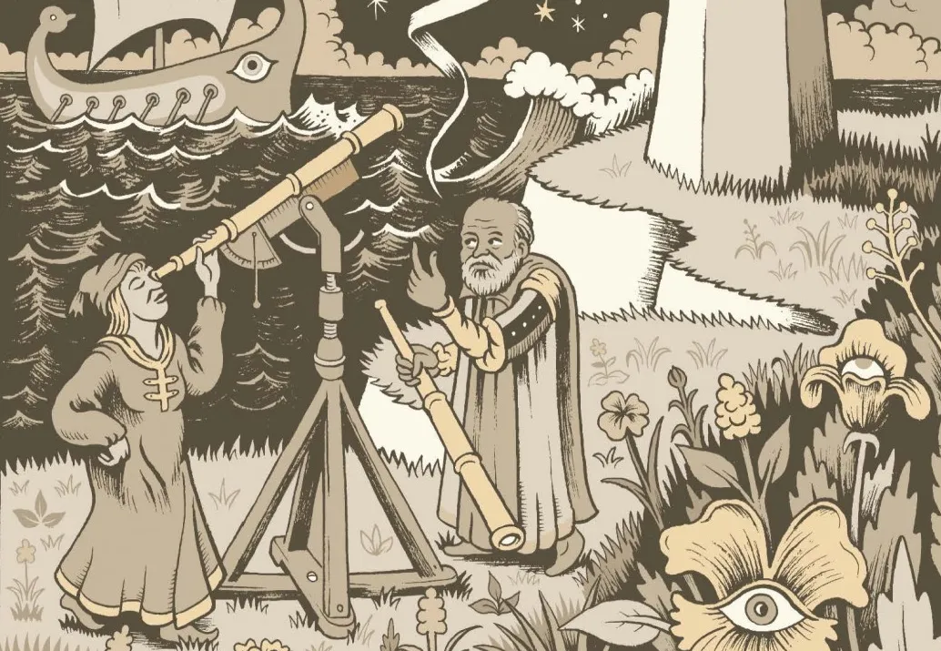 two astronomers with telescopes looking at the sky