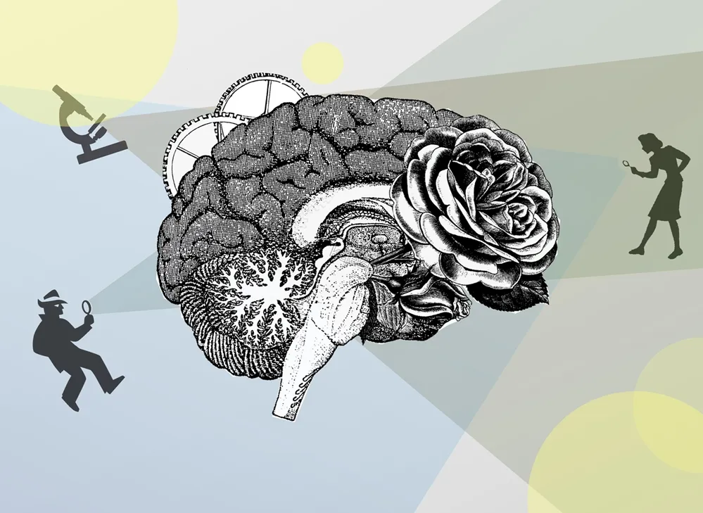 image of a black and white brain being inspected by two people with magnifying glasses